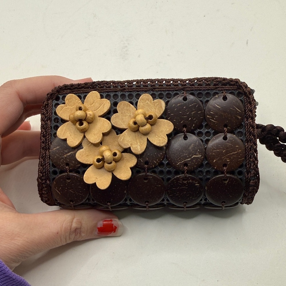 Vintage Coconut Shell Piece Wallet Zip Around Coin Purse Wristlet Brown Floral - Picture 3 of 12